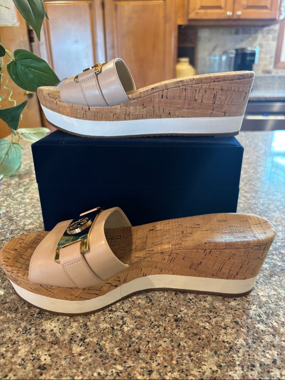 Michael Kors Warren Nude Leather Cork Wedge Slide Sandals with Gold MK Medallion - Picture 6 of 16